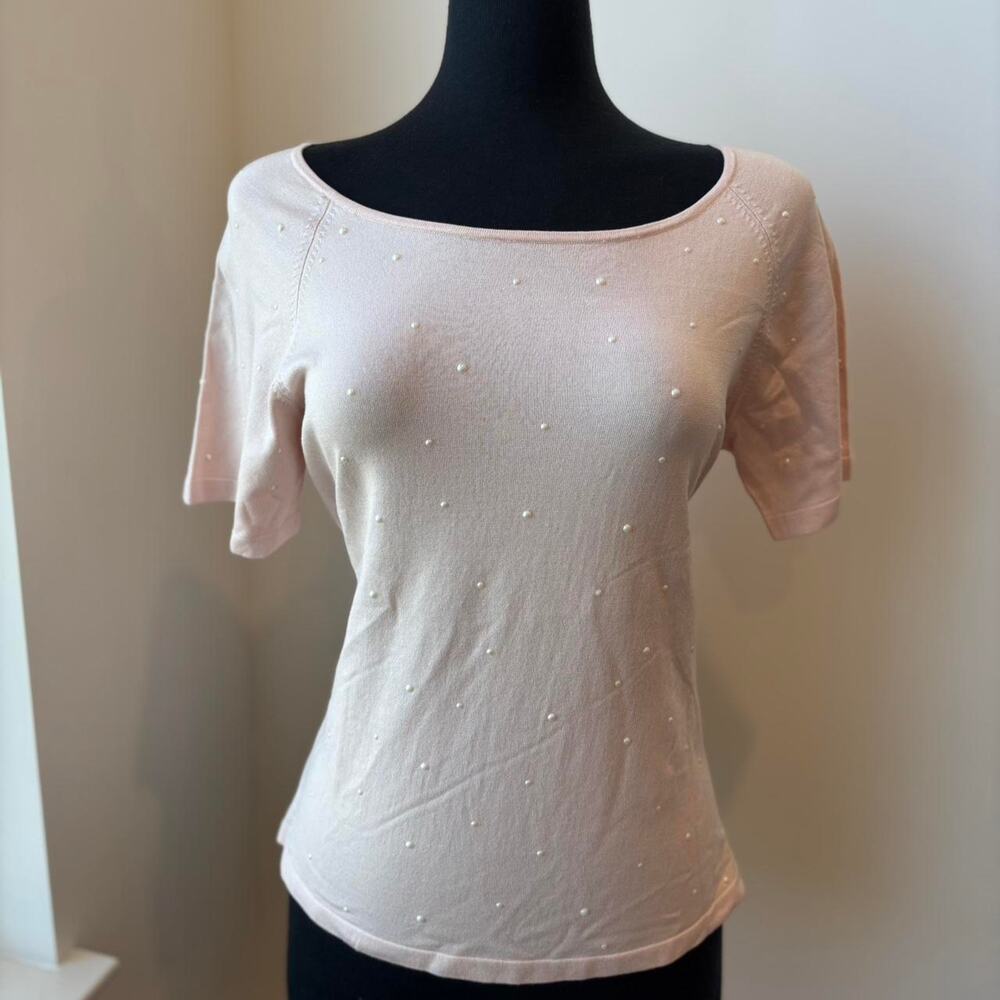 Josephine Chaus Light Pink Pearl Embellished Short Sleeved Top Sz Large NWT